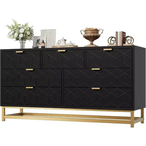 Acekool Drawer Dresser, 53.5 Wide Modern Chest with Fluted Front, Gold Handles & Metal Legs, Storage Organizer for Bedroom, Closet