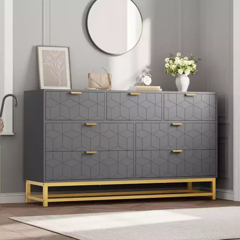 Commode à tiroirs Acekool, commode moderne de 136 cm de large avec façade cannelée, poignées et pieds dorés, organisateur de rangement pour chambre, dressing