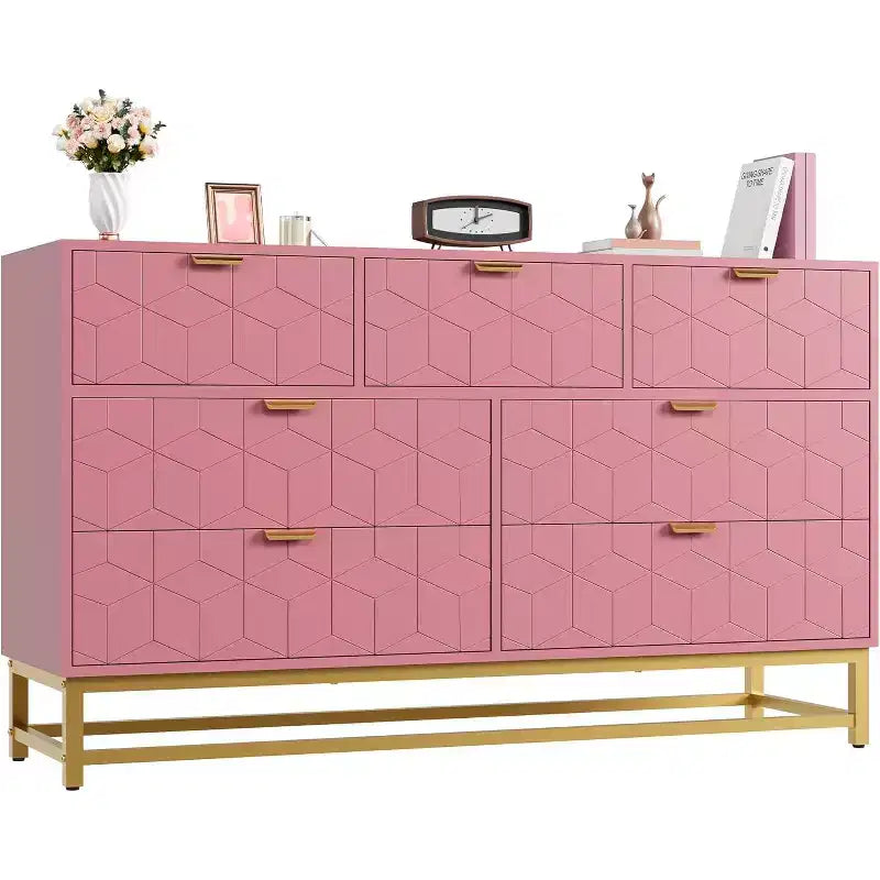 Commode à tiroirs Acekool, commode moderne de 136 cm de large avec façade cannelée, poignées et pieds dorés, organisateur de rangement pour chambre, dressing