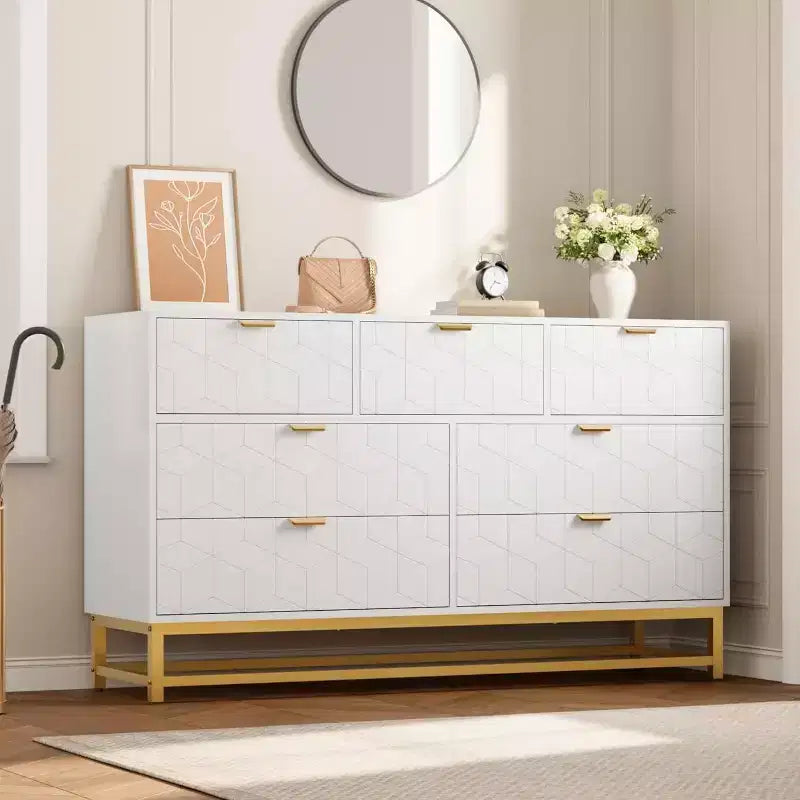 Commode à tiroirs Acekool, commode moderne de 136 cm de large avec façade cannelée, poignées et pieds dorés, organisateur de rangement pour chambre, dressing