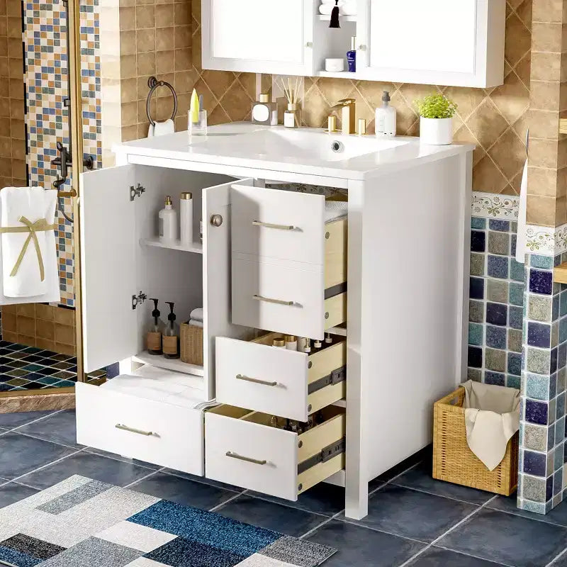 Meuble sous-vasque de salle de bain de 76 cm avec lavabo, Meuble de rangement de salle de bain avec tiroirs, Meuble sous-vasque simple avec portes à fermeture douce