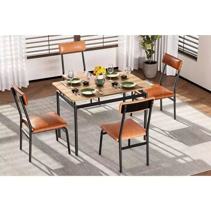 Ensemble de salle à manger 5 pièces, ensemble de table de cuisine en bois avec 4 chaises rembourrées en PU, ensemble de dînette avec cadre en métal industriel
