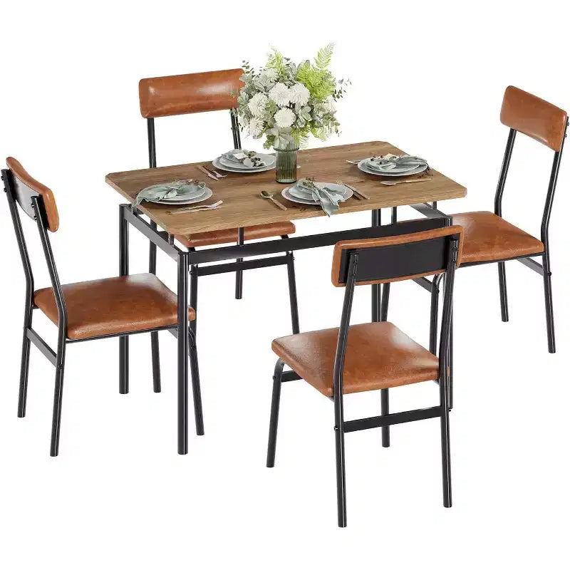 Ensemble de salle à manger 5 pièces, ensemble de table de cuisine en bois avec 4 chaises rembourrées en PU, ensemble de dînette avec cadre en métal industriel