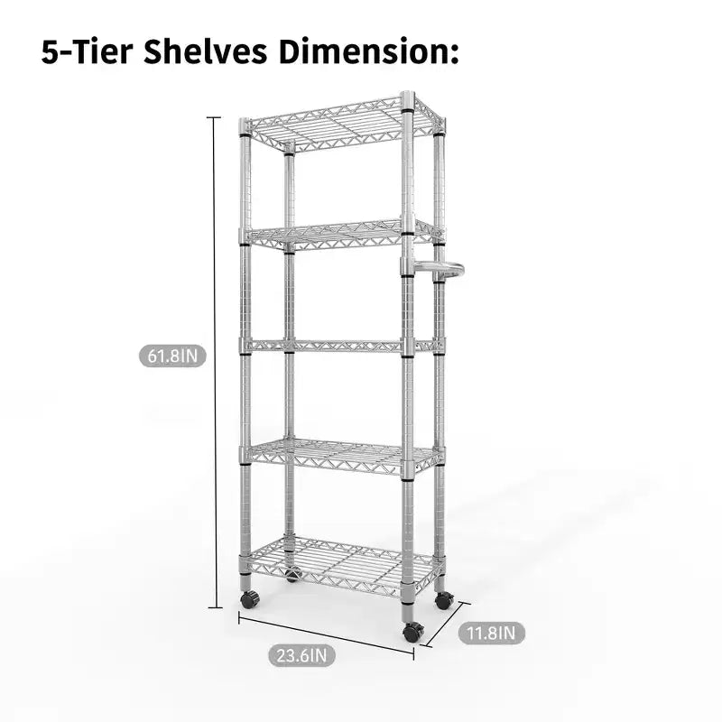 Étagère de rangement métallique à 5 niveaux avec roulettes et poignée, étagère réglable pour cuisine, garage ou cellier, capacité de 500 kg, argent