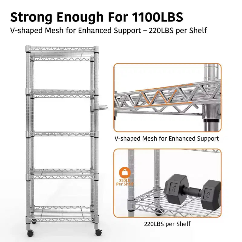 Étagère de rangement métallique à 5 niveaux avec roulettes et poignée, étagère réglable pour cuisine, garage ou cellier, capacité de 500 kg, argent