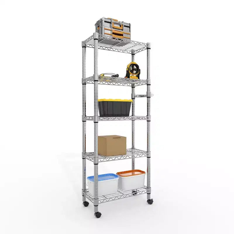 Étagère de rangement métallique à 5 niveaux avec roulettes et poignée, étagère réglable pour cuisine, garage ou cellier, capacité de 500 kg, argent