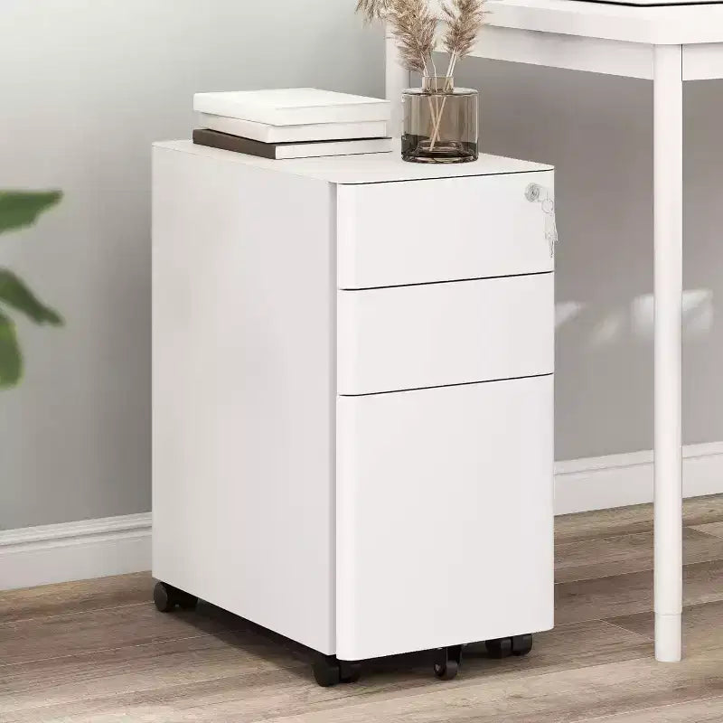 VIYET Classeur mobile à 3 tiroirs avec serrure – Entièrement en acier, anti-basculement, tiroirs peu profonds et profonds, blanc pour bureau/maison (convient aux formats A4/Lettre)