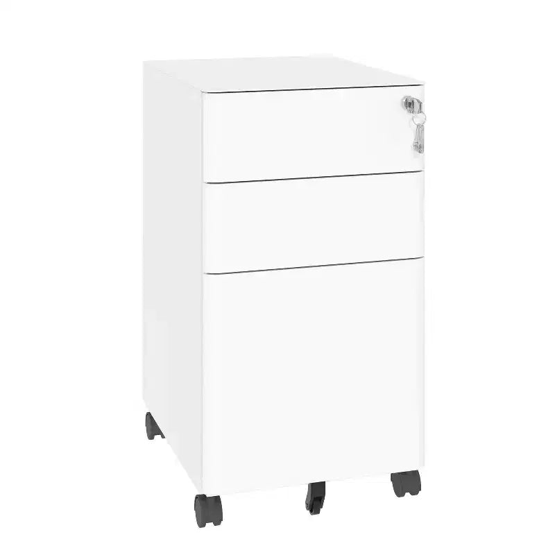 VIYET Classeur mobile à 3 tiroirs avec serrure – Entièrement en acier, anti-basculement, tiroirs peu profonds et profonds, blanc pour bureau/maison (convient aux formats A4/Lettre)