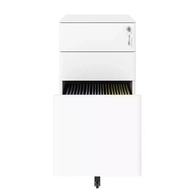VIYET Classeur mobile à 3 tiroirs avec serrure – Entièrement en acier, anti-basculement, tiroirs peu profonds et profonds, blanc pour bureau/maison (convient aux formats A4/Lettre)