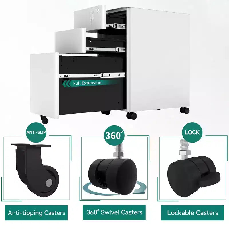 VIYET Classeur mobile à 3 tiroirs avec serrure – Entièrement en acier, anti-basculement, tiroirs peu profonds et profonds, blanc pour bureau/maison (convient aux formats A4/Lettre)