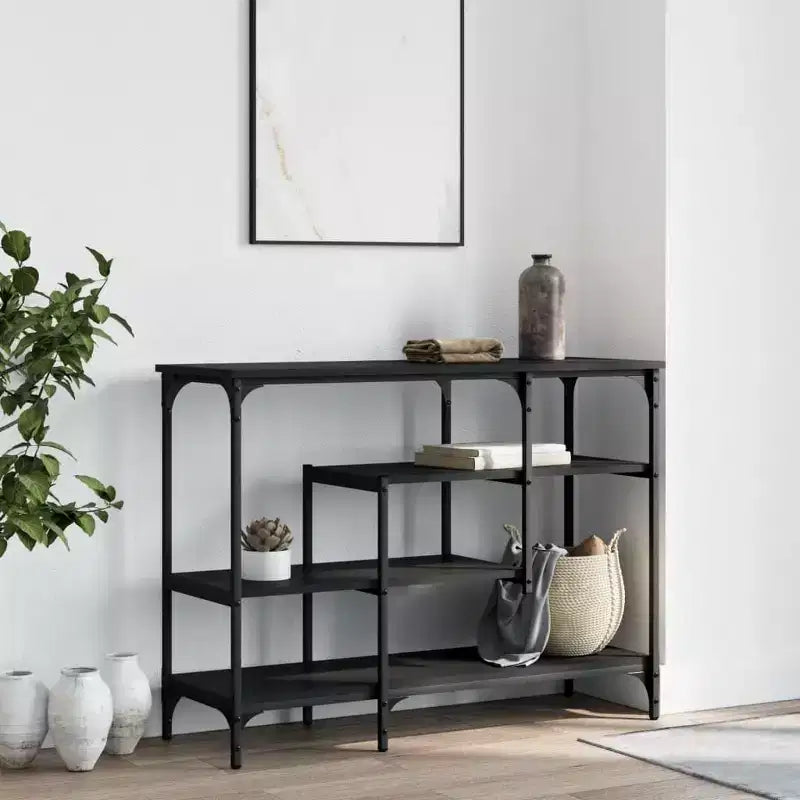 vidaXL Table console Noir Bois d'ingénierie, métal Pieds réglables et étroits