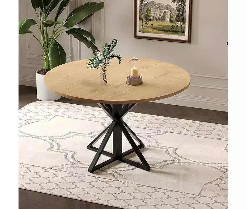 Table de salle à manger ronde de 119 cm pour 4 personnes, table de dîner circulaire en bois, piédestal en métal robuste et plateau de table en 4 parties, tables de cuisine rondes à piédestal