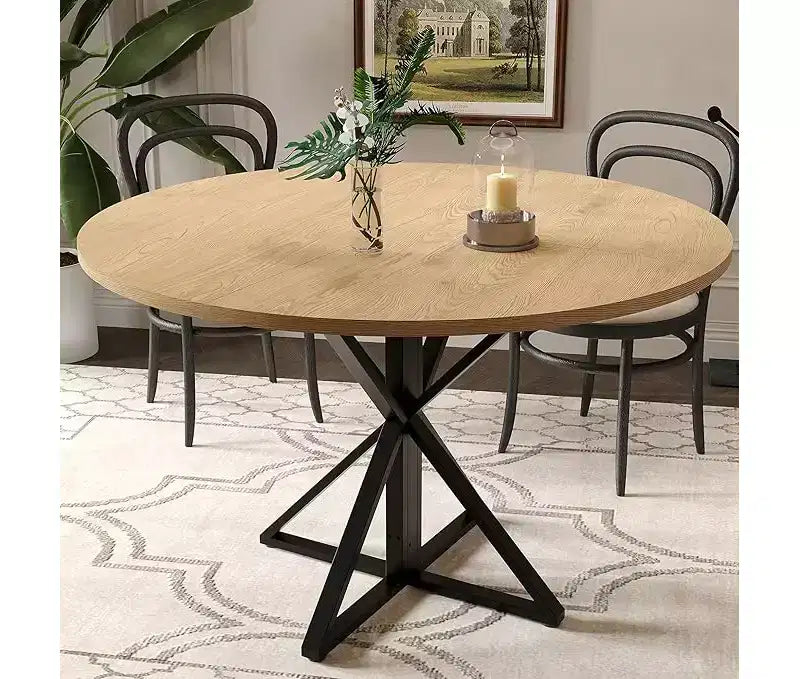 Table de salle à manger ronde de 119 cm pour 4 personnes, table de dîner circulaire en bois, piédestal en métal robuste et plateau de table en 4 parties, tables de cuisine rondes à piédestal