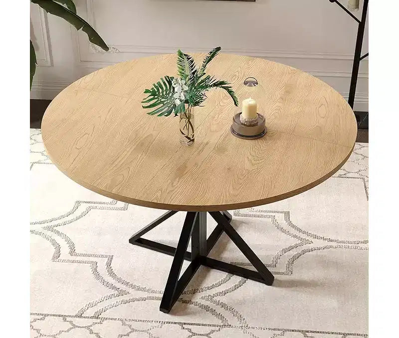 Table de salle à manger ronde de 119 cm pour 4 personnes, table de dîner circulaire en bois, piédestal en métal robuste et plateau de table en 4 parties, tables de cuisine rondes à piédestal
