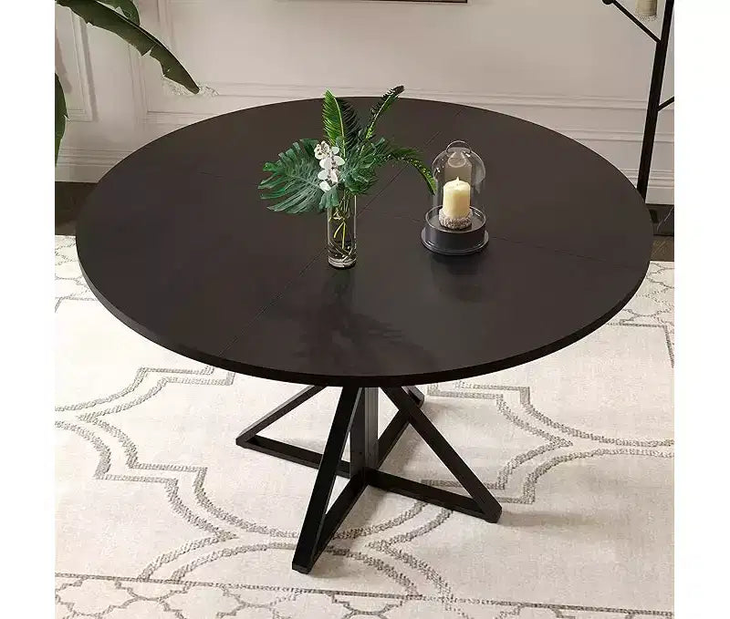 Table de salle à manger ronde de 119 cm pour 4 personnes, table de dîner circulaire en bois, piédestal en métal robuste et plateau de table en 4 parties, tables de cuisine rondes à piédestal