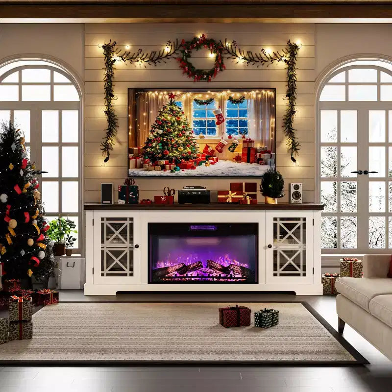 Meuble TV style ferme moderne pour téléviseur 80 pouces, centre de divertissement en bois avec foyer électrique 36 pouces, portes vitrées, console multimédia de rangement pour salon ou chambre