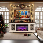 Meuble TV style ferme moderne pour téléviseur 80 pouces, centre de divertissement en bois avec foyer électrique 36 pouces, portes vitrées, console multimédia de rangement pour salon ou chambre