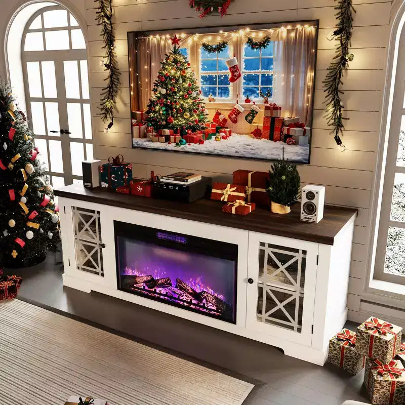 Meuble TV style ferme moderne pour téléviseur 80 pouces, centre de divertissement en bois avec foyer électrique 36 pouces, portes vitrées, console multimédia de rangement pour salon ou chambre