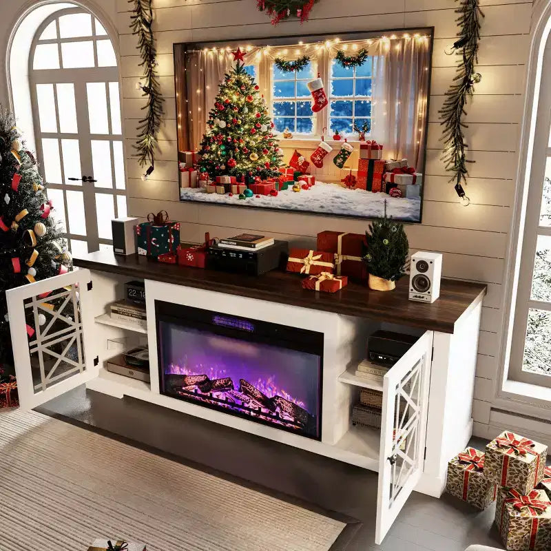 Meuble TV style ferme moderne pour téléviseur 80 pouces, centre de divertissement en bois avec foyer électrique 36 pouces, portes vitrées, console multimédia de rangement pour salon ou chambre
