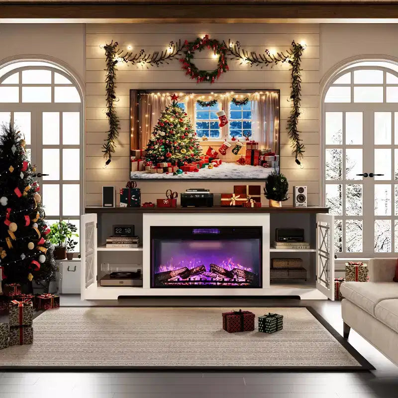 Meuble TV style ferme moderne pour téléviseur 80 pouces, centre de divertissement en bois avec foyer électrique 36 pouces, portes vitrées, console multimédia de rangement pour salon ou chambre