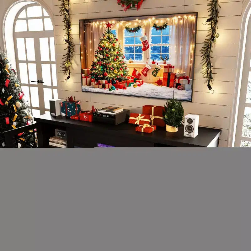 Meuble TV style ferme moderne pour téléviseur 80 pouces, centre de divertissement en bois avec foyer électrique 36 pouces, portes vitrées, console multimédia de rangement pour salon ou chambre