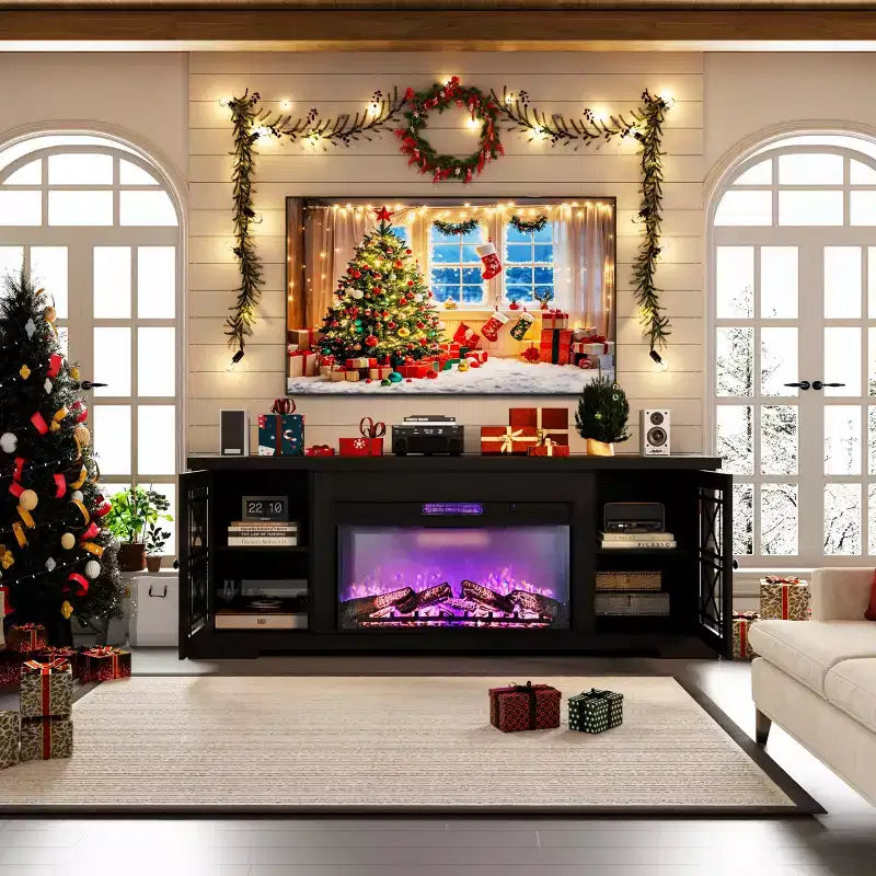 Meuble TV style ferme moderne pour téléviseur 80 pouces, centre de divertissement en bois avec foyer électrique 36 pouces, portes vitrées, console multimédia de rangement pour salon ou chambre