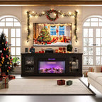 Meuble TV style ferme moderne pour téléviseur 80 pouces, centre de divertissement en bois avec foyer électrique 36 pouces, portes vitrées, console multimédia de rangement pour salon ou chambre
