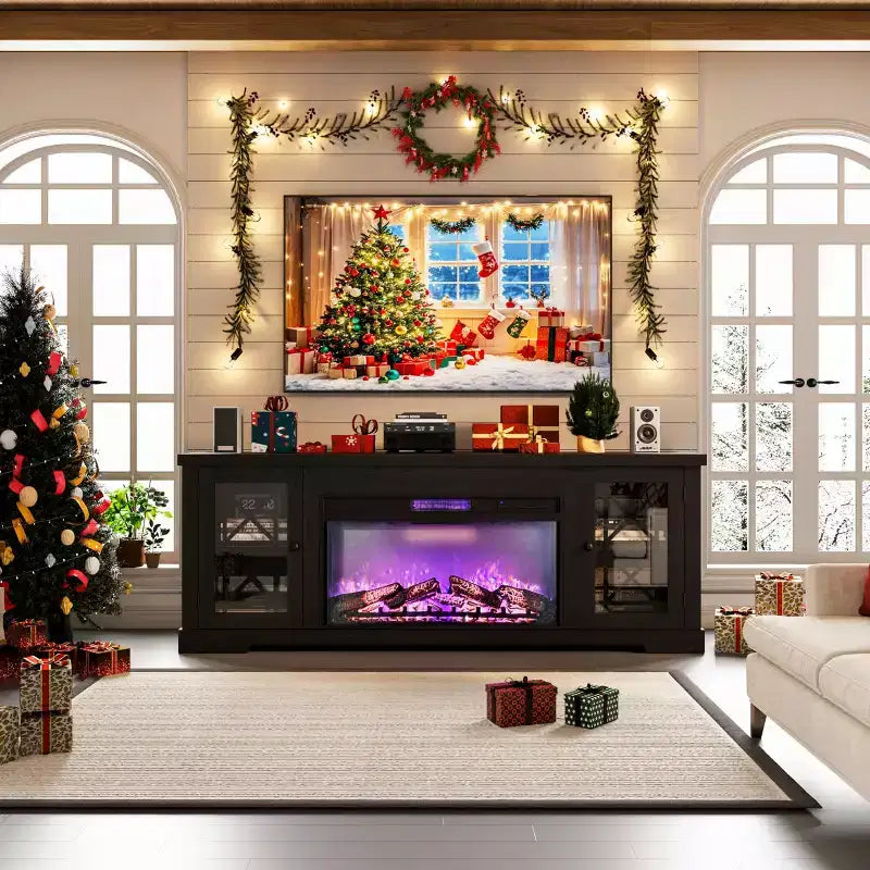 Meuble TV style ferme moderne pour téléviseur 80 pouces, centre de divertissement en bois avec foyer électrique 36 pouces, portes vitrées, console multimédia de rangement pour salon ou chambre