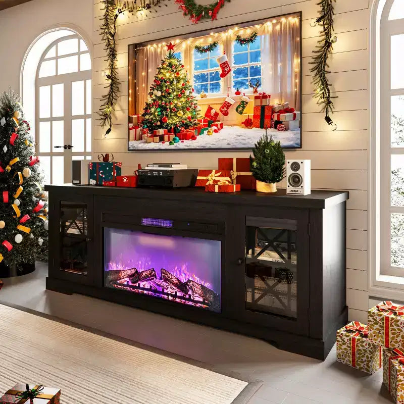 Meuble TV style ferme moderne pour téléviseur 80 pouces, centre de divertissement en bois avec foyer électrique 36 pouces, portes vitrées, console multimédia de rangement pour salon ou chambre