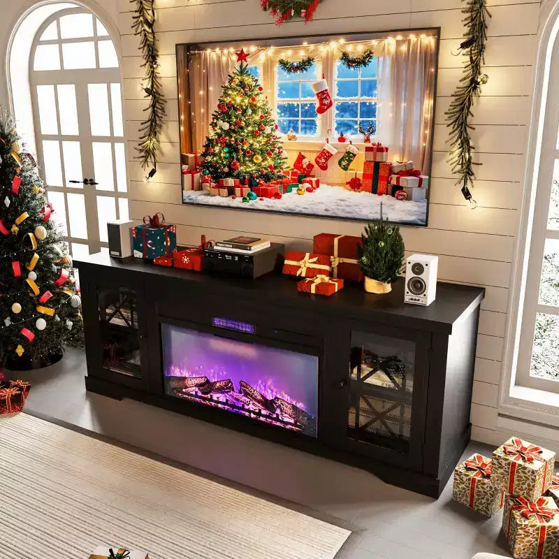 Meuble TV style ferme moderne pour téléviseur 80 pouces, centre de divertissement en bois avec foyer électrique 36 pouces, portes vitrées, console multimédia de rangement pour salon ou chambre