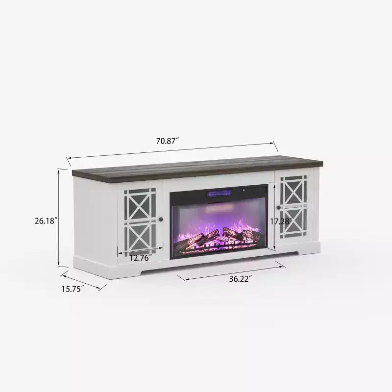 Meuble TV style ferme moderne pour téléviseur 80 pouces, centre de divertissement en bois avec foyer électrique 36 pouces, portes vitrées, console multimédia de rangement pour salon ou chambre