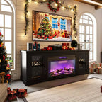 Modern Farmhouse TV Stand for 80 Inch TV, Wood Entertainment Center with 36 Electric Fireplace, Glass Doors, Storage Media Console for Room Bedroom