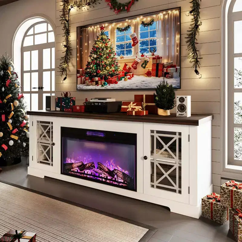 Meuble TV style ferme moderne pour téléviseur 80 pouces, centre de divertissement en bois avec foyer électrique 36 pouces, portes vitrées, console multimédia de rangement pour salon ou chambre
