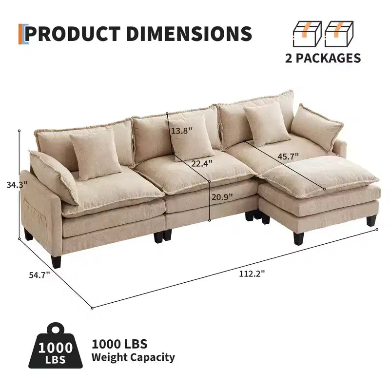 Canapé modulaire en L 112 "Cloud Couch" en tissu chenille/velours côtelé, siège profond avec ottoman et poches latérales pour salon/chambre à coucher