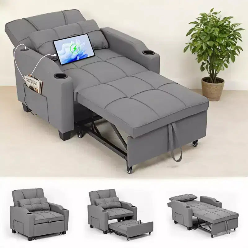 Canapé-lit convertible USB-Massage 3-en-1, inclinable de 110 à 180°, porte-gobelets, poches latérales, 172 kg, 4 positions – Idéal pour chambre d’étudiant et invités