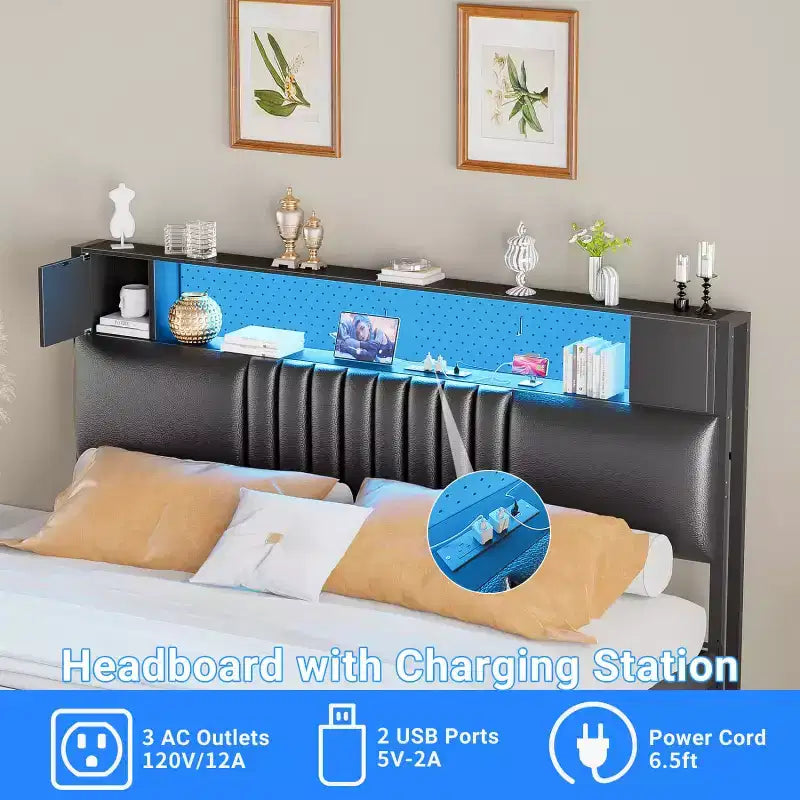 Tête de lit de rangement Besiost avec station de charge et éclairage LED