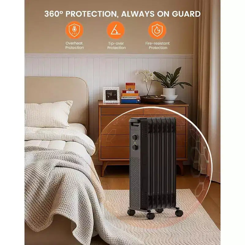 Radiateur à bain d'huile R.W.FLAME, chauffage d'appoint électrique portable avec 3 réglages de chaleur, chauffage silencieux 1500W, protection contre la surchauffe et le basculement