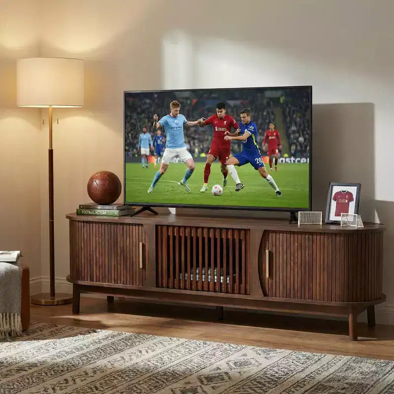 JVNOXKMeuble TV moderne de style « farmhouse » pour téléviseurs de 75 po, centre de divertissement en bois avec rangement, console TV pour salon