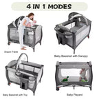 TODECARE Lit bébé 4 en 1, Parc portable, Lit cododo convertible, Table à langer, Panier de rangement et Sac de voyage
