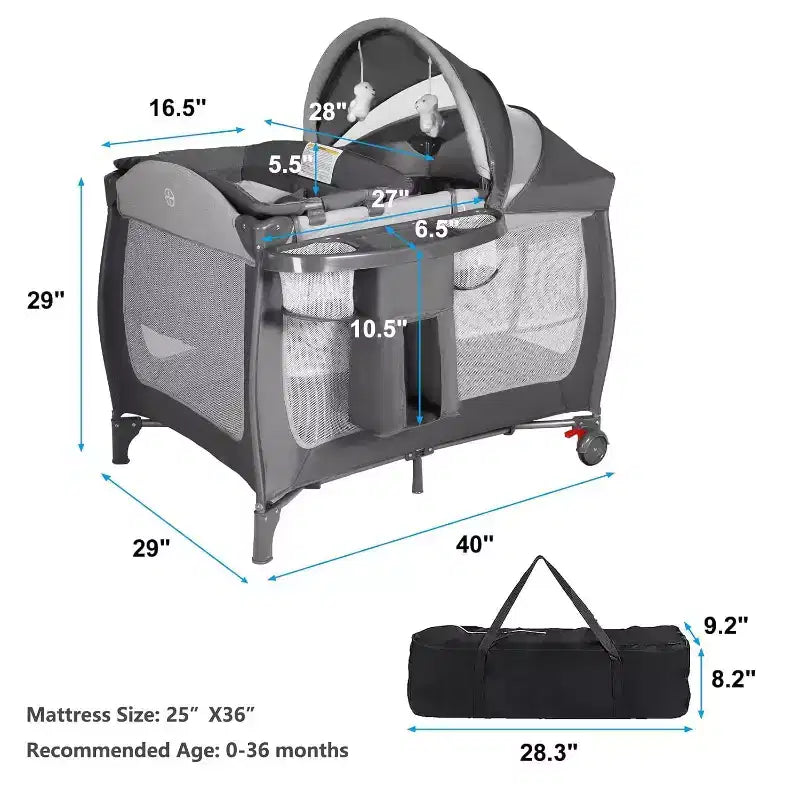 TODECARE Lit bébé 4 en 1, Parc portable, Lit cododo convertible, Table à langer, Panier de rangement et Sac de voyage