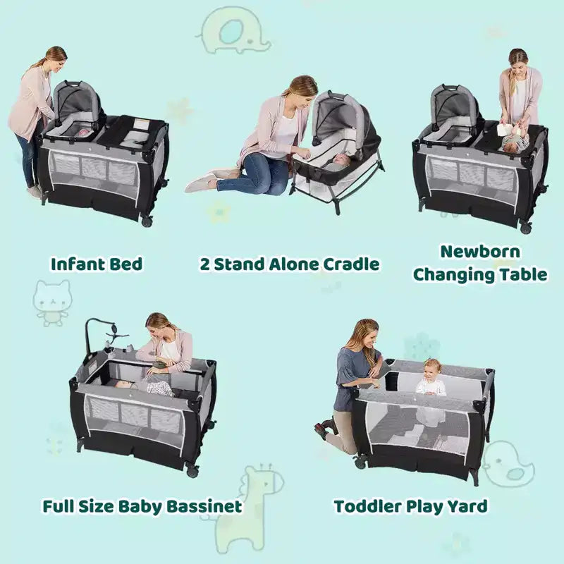 TODECARE Lit bébé 4 en 1, Parc portable, Lit cododo convertible, Table à langer, Panier de rangement et Sac de voyage