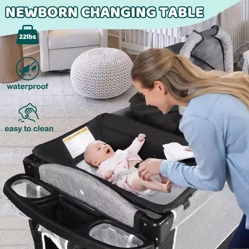TODECARE Lit bébé 4 en 1, Parc portable, Lit cododo convertible, Table à langer, Panier de rangement et Sac de voyage