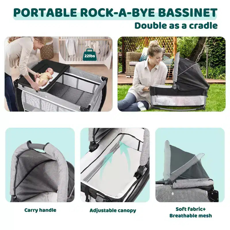 TODECARE Lit bébé 4 en 1, Parc portable, Lit cododo convertible, Table à langer, Panier de rangement et Sac de voyage