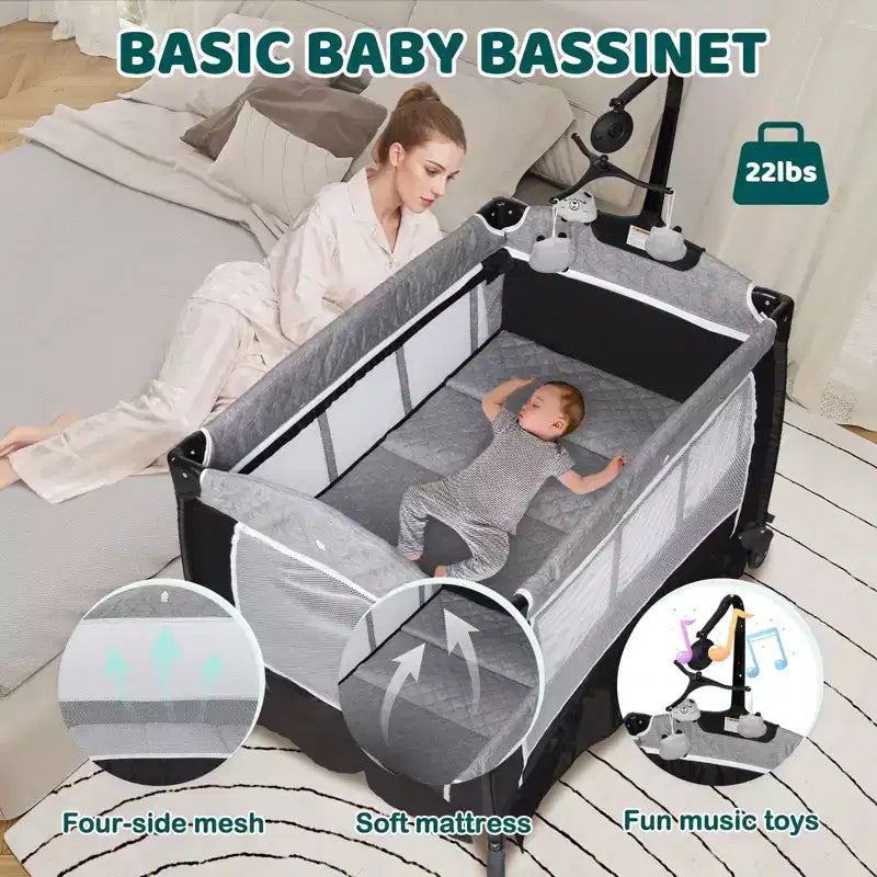 TODECARE Lit bébé 4 en 1, Parc portable, Lit cododo convertible, Table à langer, Panier de rangement et Sac de voyage