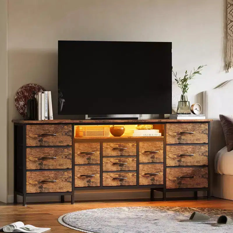 COZONY 70 Commode Noire avec 13 Tiroirs en Tissu et Lumières LED, Meuble TV Large avec Cadre Métallique pour Chambre et Salon