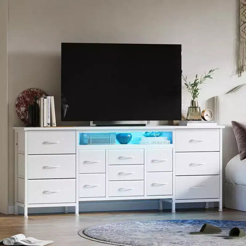 COZONY 70 Commode Noire avec 13 Tiroirs en Tissu et Lumières LED, Meuble TV Large avec Cadre Métallique pour Chambre et Salon