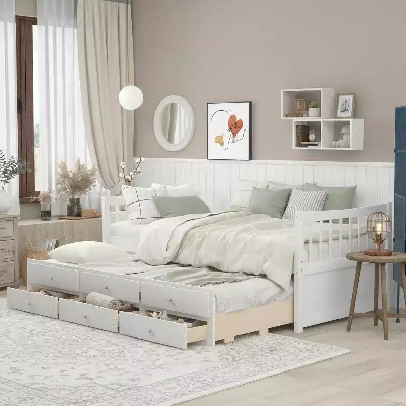 Lit de repos double et simple Polibi avec lit gigogne et tiroirs de rangement