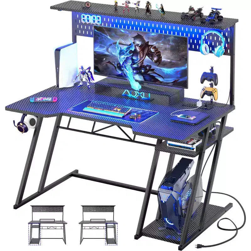 Bureau de gamer Besiost avec station de recharge, bureau d'ordinateur avec étagère supérieure et panneau perforé