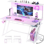 Bureau de gamer Besiost avec station de recharge, bureau d'ordinateur avec étagère supérieure et panneau perforé