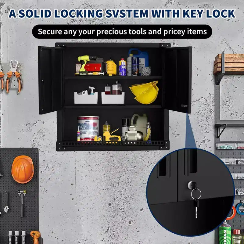 Armoire murale en acier avec serrure - Organiseur de rangement mural robuste pour garage avec étagères, armoire suspendue en métal